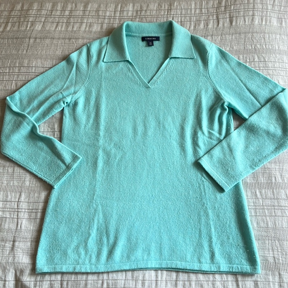 Women’s Lands’ End Collared Sweater, mint green/aqua, size medium petite